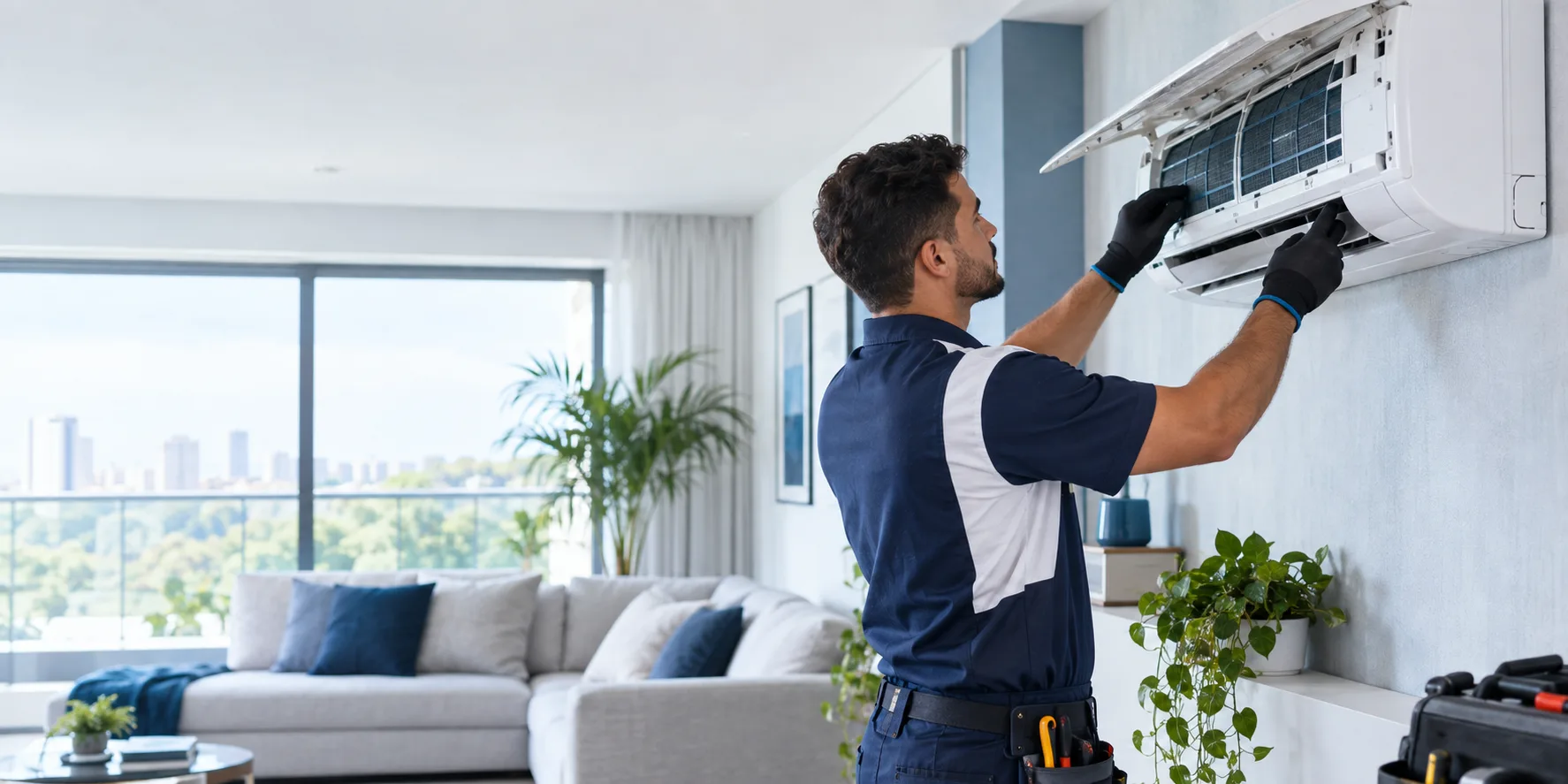 Técnico realizando atendimento em ar-condicionado residencial