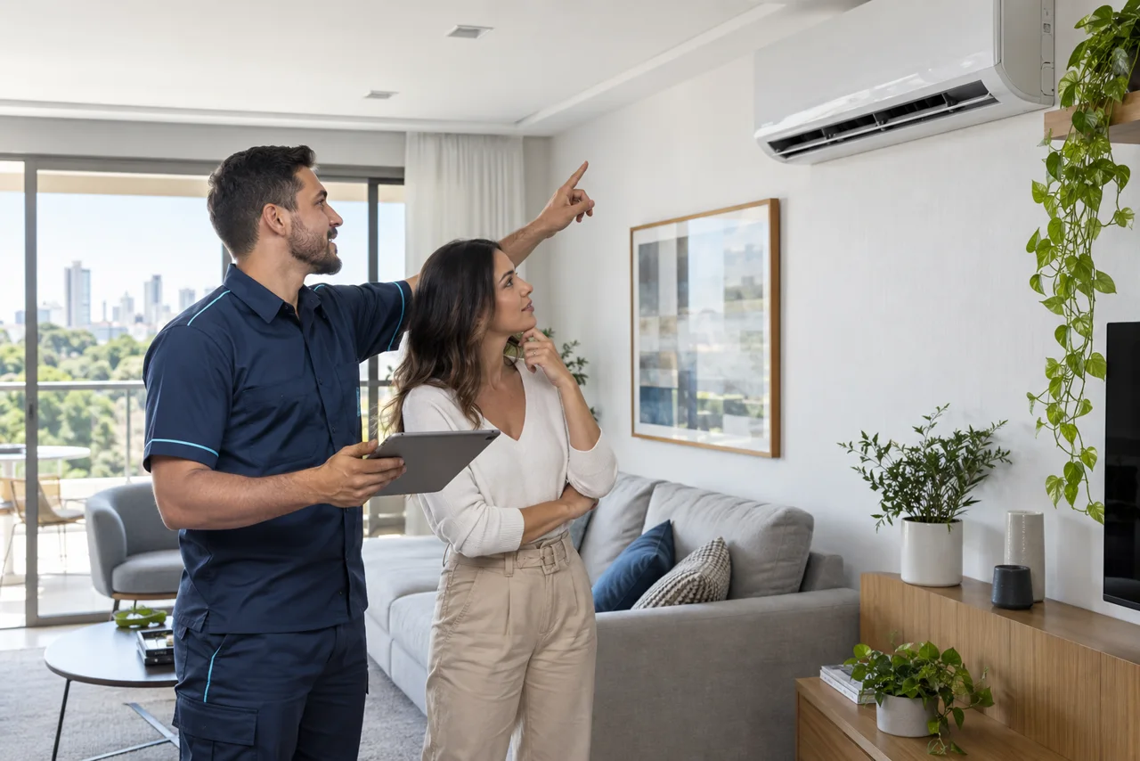 Técnico orientando uma cliente sobre a climatização do ambiente