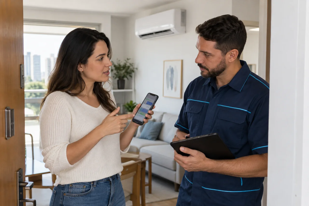 Cliente explicando pelo celular o atendimento desejado ao técnico