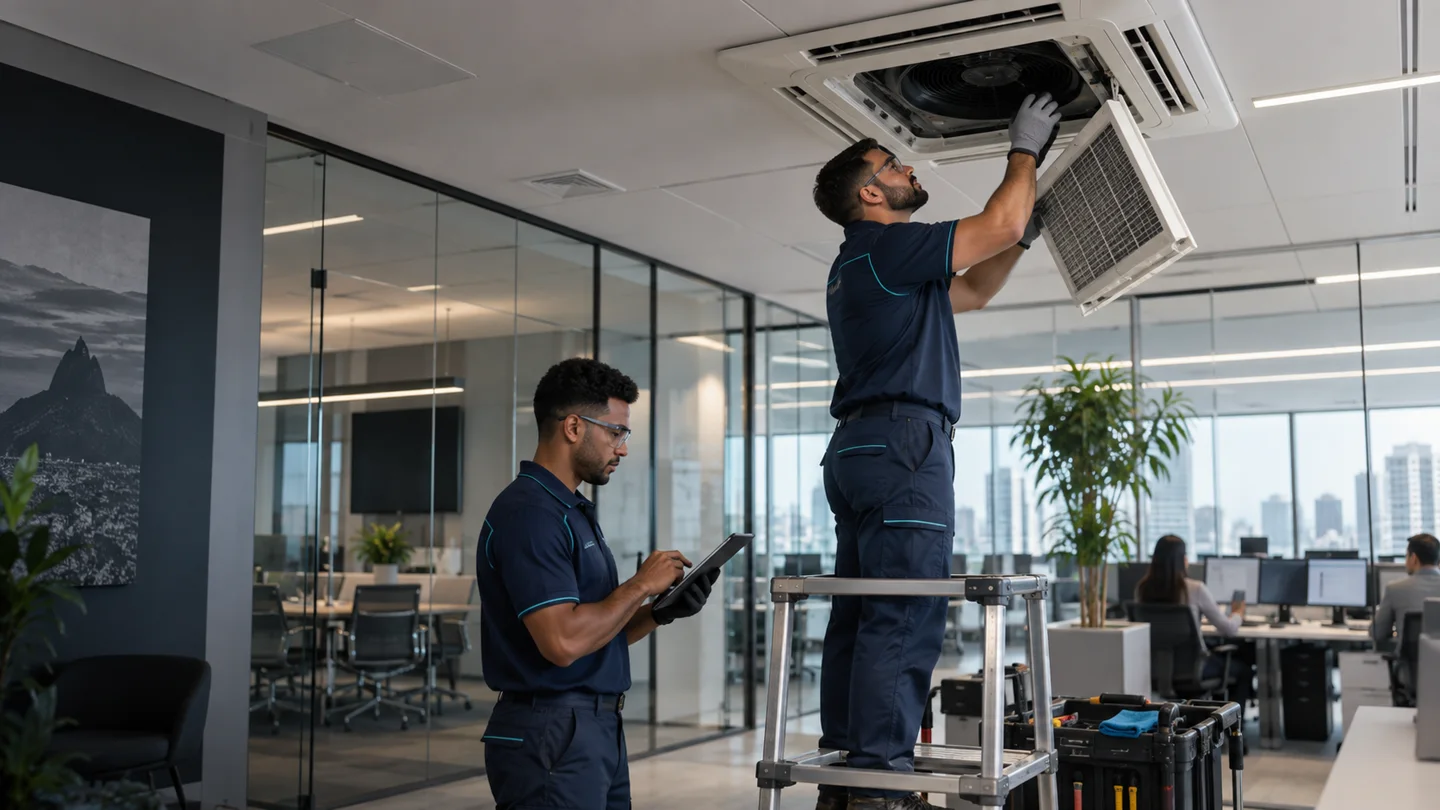 Equipe técnica atendendo um sistema de climatização comercial