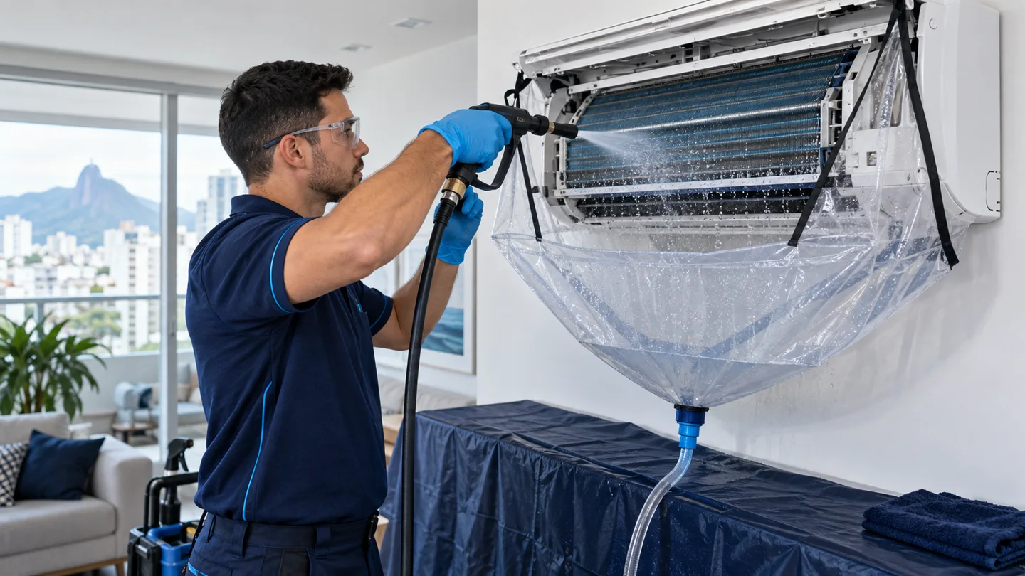 Higienização profissional de ar-condicionado com proteção do ambiente