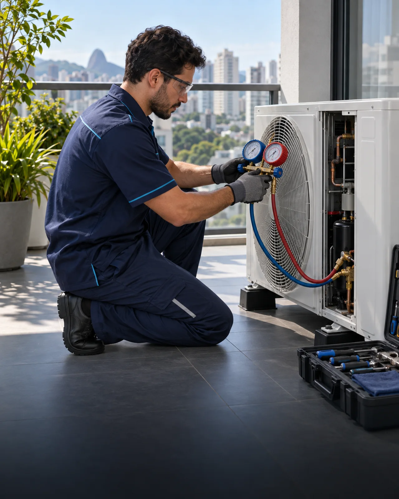Técnico realizando manutenção cuidadosa em unidade condensadora