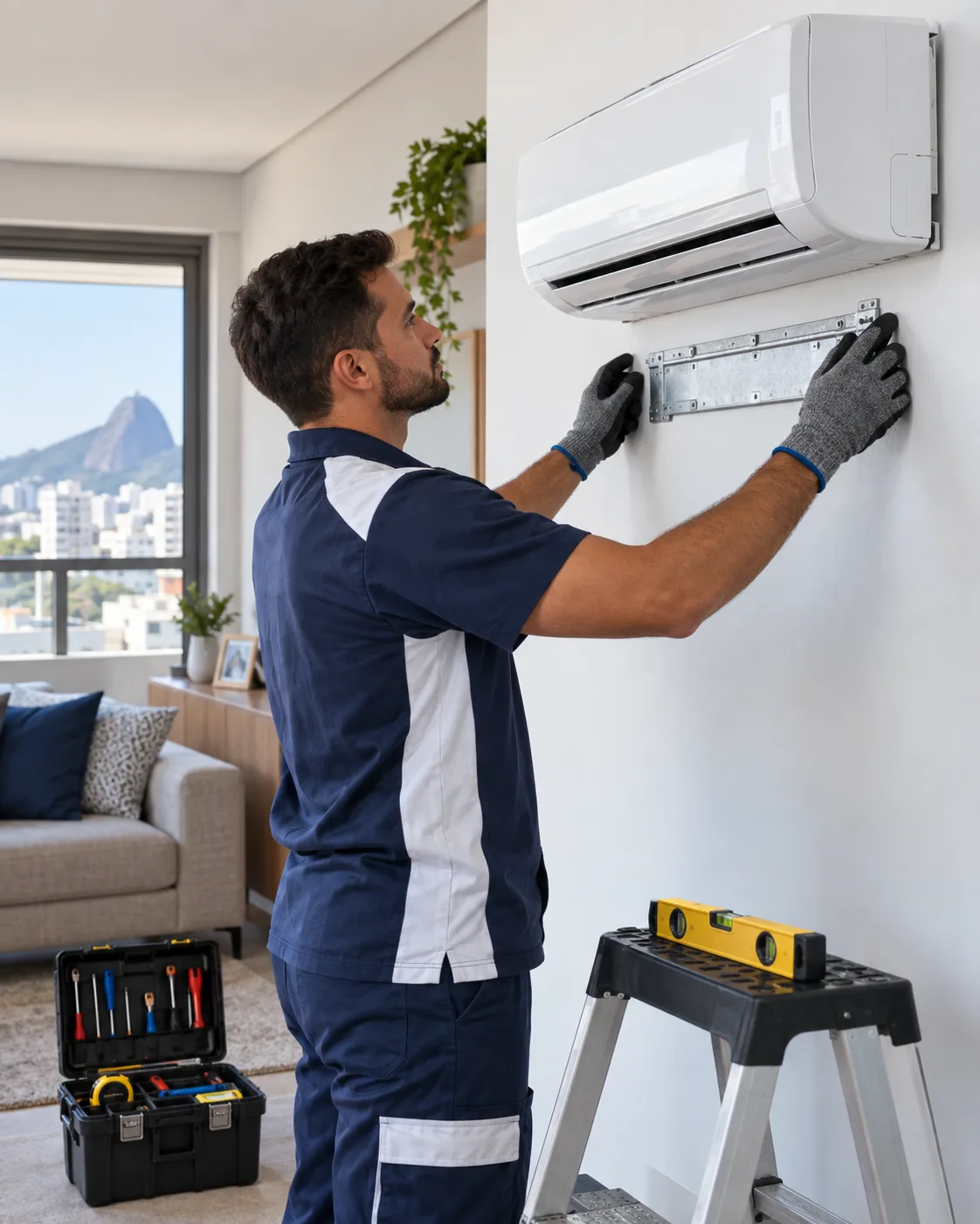 Técnico alinhando a instalação de um ar-condicionado split