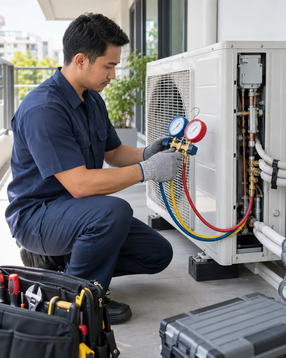 Técnico verificando a condensadora com manômetros